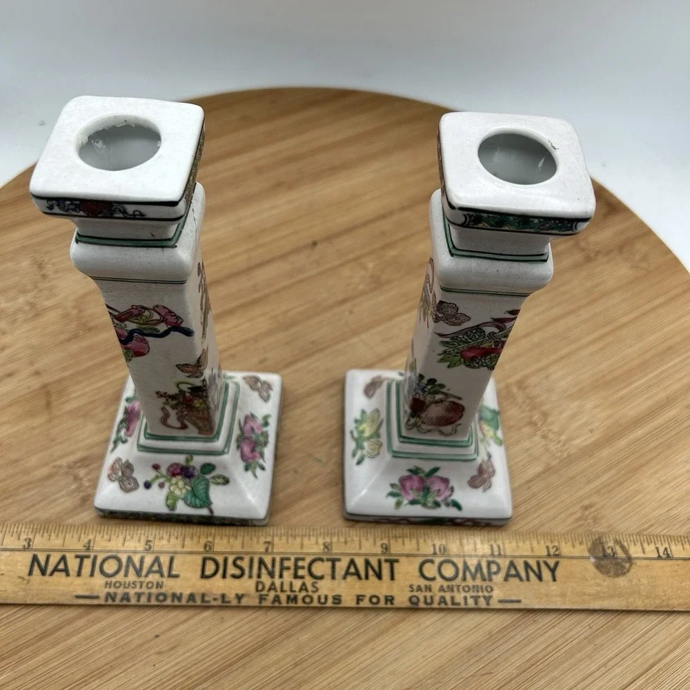 Pair Chinese Porcelain Candle Holders Famille Rose Style Square Base Vintage‎